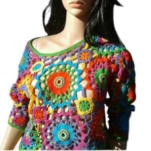 The IMPORT Workshop Colorful Crochet Pull Over Sz OSFM